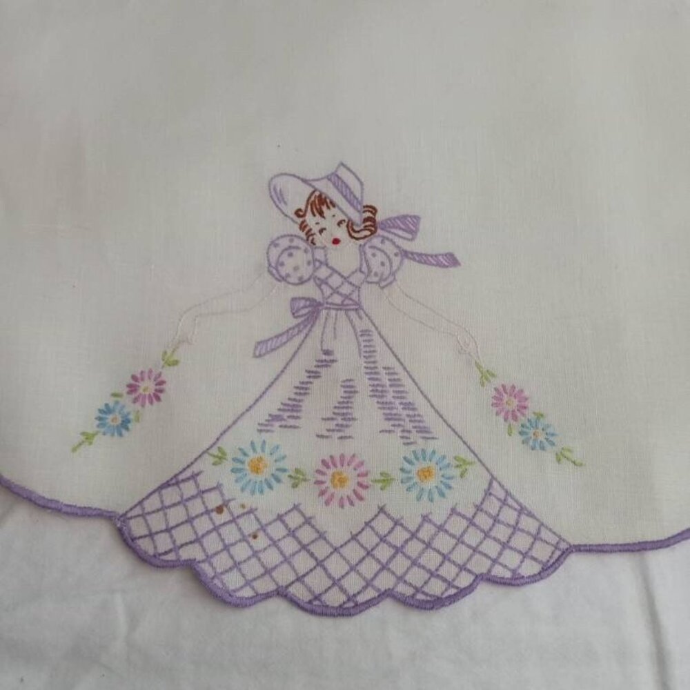 Long Embroider Purple & White Table Runner Cotton Linen Table Antique Vintage